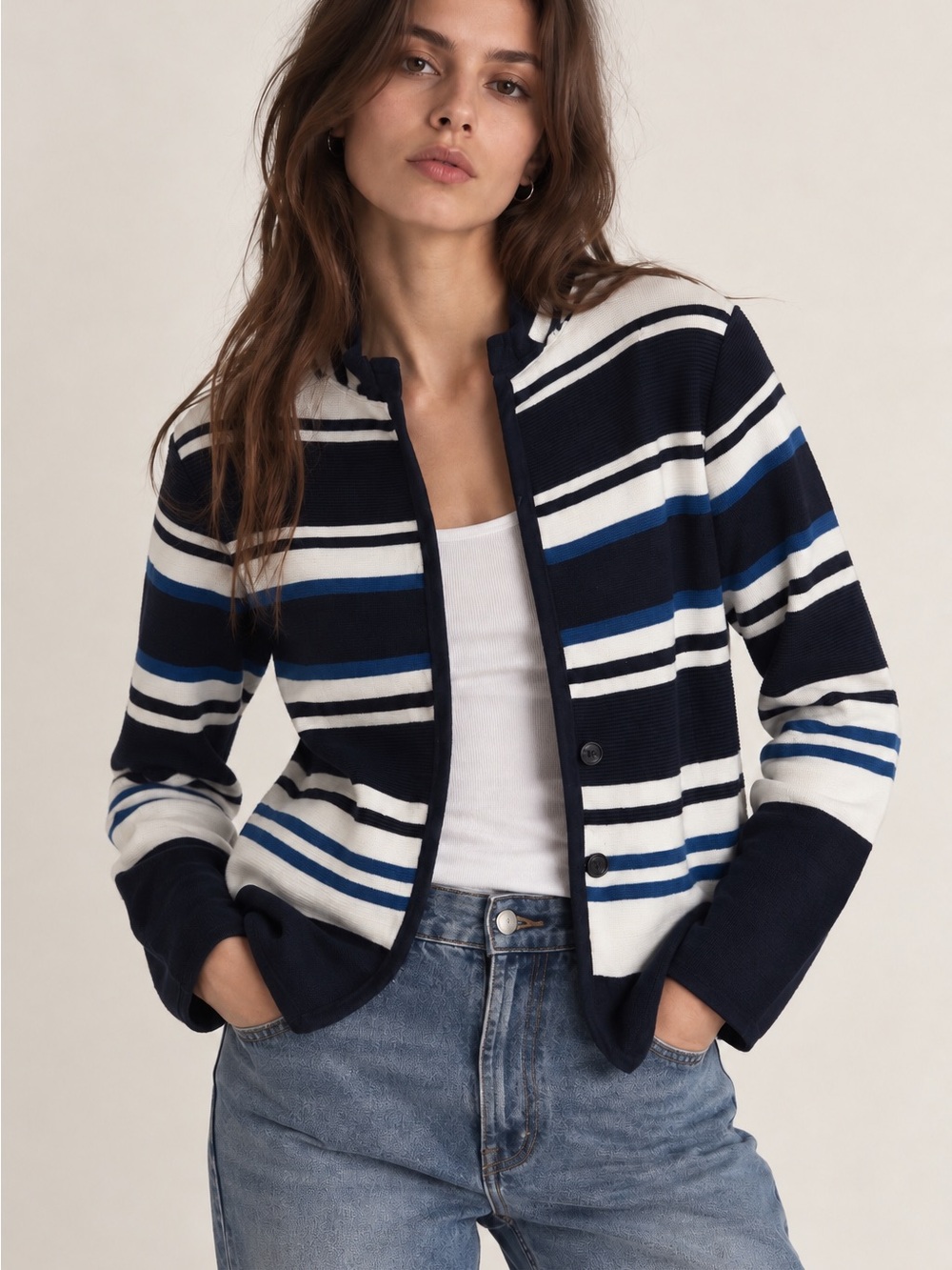 Ann Taylor Navy & White Striped Knit Cardigan Blazer Sweater Size Large